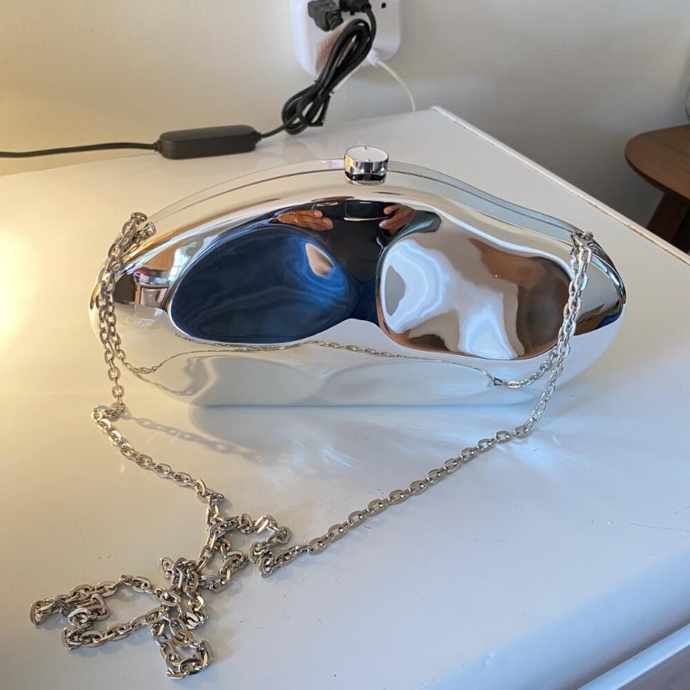 Neiman Marcus Silver Geometric Acrylic Clutch with Removable Chain